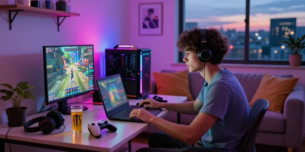 Dynamic gaming scene with rokok88 super gameplay experience in a cozy setting