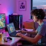Dynamic gaming scene with rokok88 super gameplay experience in a cozy setting