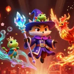 Découvrez les caractéristiques du nouveau casino en ligne avec une illustration animée riche en éléments de jeu.
