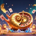 Exciting mekar11 login illustration showing a giant nautilus roulette wheel, glowing ammonite companions, and dynamic casino elements.
