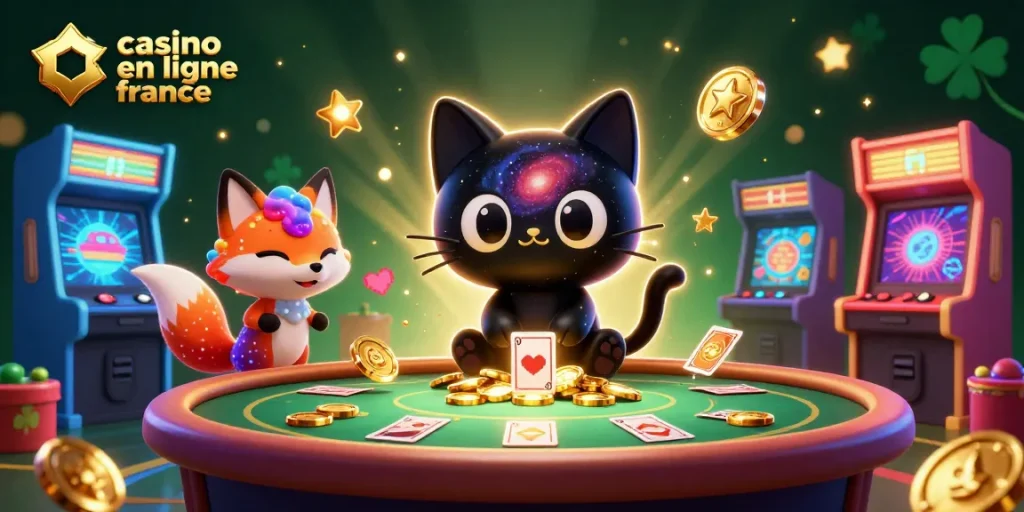 Jouer à casino en ligne France avec un chat noir gravitationnel et une renarde nébuleuse, ambiance dynamique.