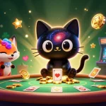 Jouer à casino en ligne France avec un chat noir gravitationnel et une renarde nébuleuse, ambiance dynamique.