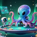 Engage in thrilling games with SBOBET เว็บตรง, featuring an alien octopus operating a holographic poker table.