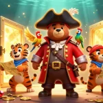 Profitez d'une scène animée de nouveau casino en ligne avec un ours pirate et son équipe découvrant des trésors.