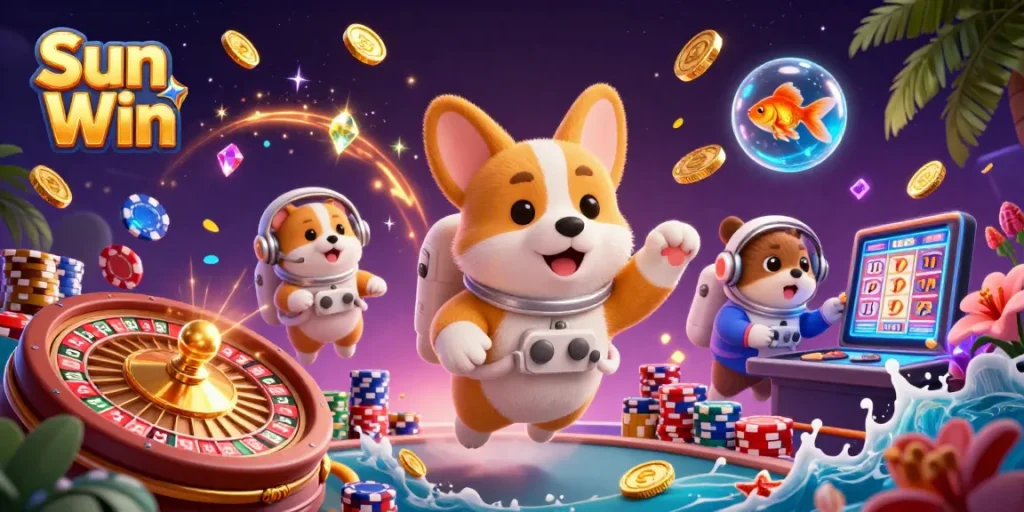 Immerse in the thrilling Sun Win experience with a corgi and friends in a cosmic casino adventure.