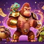Scopri i nuovi casino non AAMS con l'illustrazione affascinante di un gorilla, un camaleonte e una tartaruga, immersi nel mondo del gioco.
