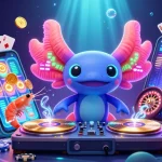 Jouez au casino en ligne avec l'illustration d'un DJ axolotl vibrant entouré de jeux et de gains.