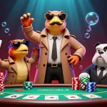 Jouez au meilleur casino en ligne avec cette illustration d'un groupe comique de rapaces en manteau.