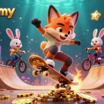 Experience the excitement of winboxmy as a cartoon fox and rabbit perform high-energy tricks in a vibrant casino-themed setting.