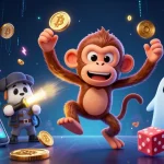 Nouveau casino en ligne : un singe sympathisant et un chiot enquêteur dans un casino hanté, entourés de monnaies et éléments numériques.