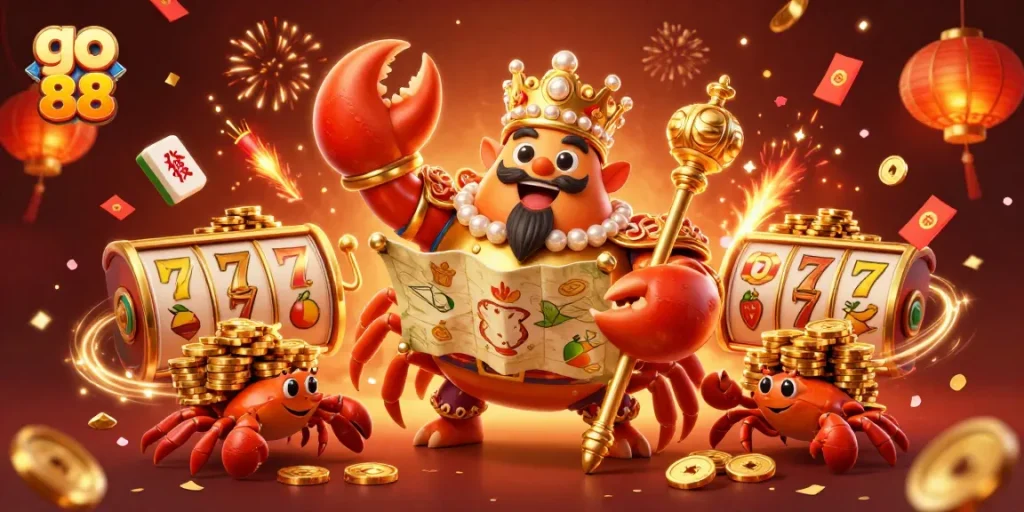 Spin and win big with go 88 at this vibrant casino-themed illustration featuring gold treasures.