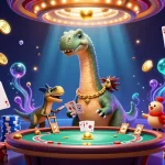 Giocando a poker con app poker in un'illustrazione 3D di un brontosauro in un casinò.