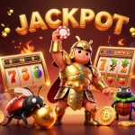 M88 login while celebrating a jackpot win with a hercules beetle in golden armor, surrounded by vibrant casino elements.