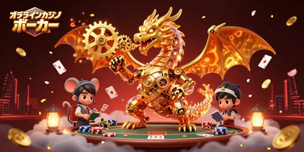 オンラインカジノポーカーで華やかに演出された3Dイラスト、ポーカーチップやカードが飛び交うシーンです。
