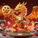 オンラインカジノポーカーで華やかに演出された3Dイラスト、ポーカーチップやカードが飛び交うシーンです。