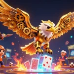 Engage in thrilling sports betting with situs judi bola as a 3D golden eagle dives through holographic playing cards.