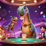 Giocare in lista casino non AAMS con un brontosauro e un raptor tra volantini dorati e chip colorati.