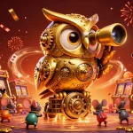 Profitez de l'expérience de casino en ligne avec un hibou d'or et des souris entre les machines à sous.