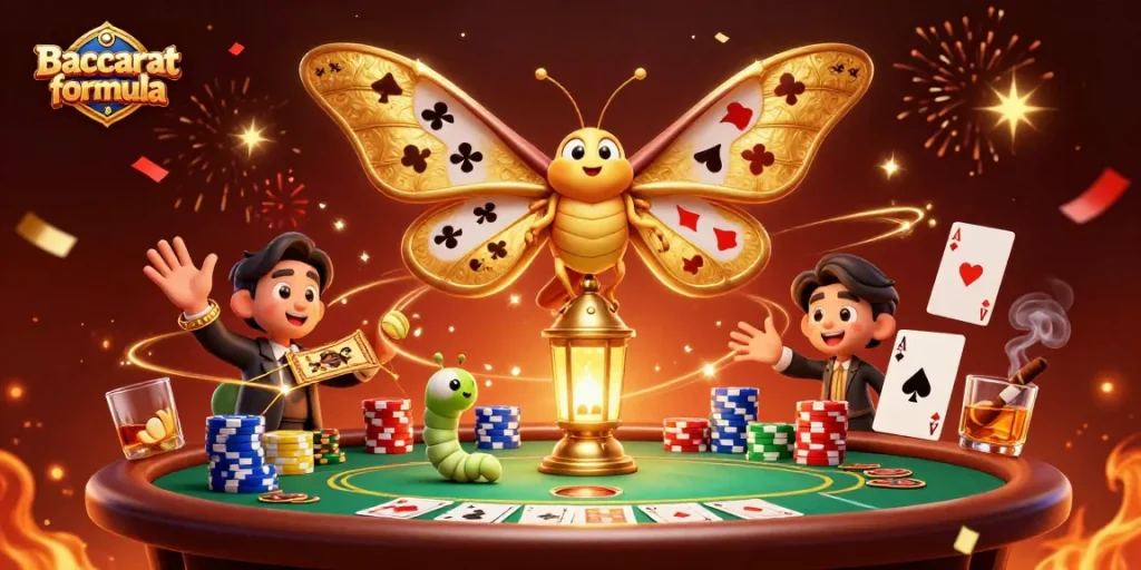 Experience the Baccarat formula with a magnificent moth and vibrant casino scenes in this 3D illustration.