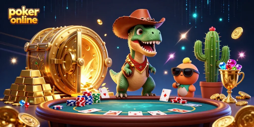 Jouez au poker en ligne avec ce cowboy dinosaure et son cactus, entourés de trésors scintillants.