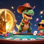 Jouez au poker en ligne avec ce cowboy dinosaure et son cactus, entourés de trésors scintillants.