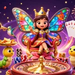 Illustration d'un meilleur casino en ligne avec une reine papillon, des jetons d'or et un jeu dynamique.