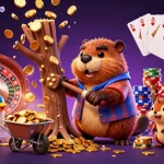 Illustration de casino en ligne France légal avec un castor bûcheron, des pièces d'or, et une ambiance féerique.
