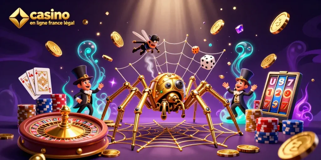 Jeu captivant au casino en ligne France légal avec une araignée dorée et des pièces en cascade