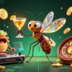 Visualisation dynamique d'un casino en ligne légal en France avec un moustique mascotte et des éléments cryptographiques.