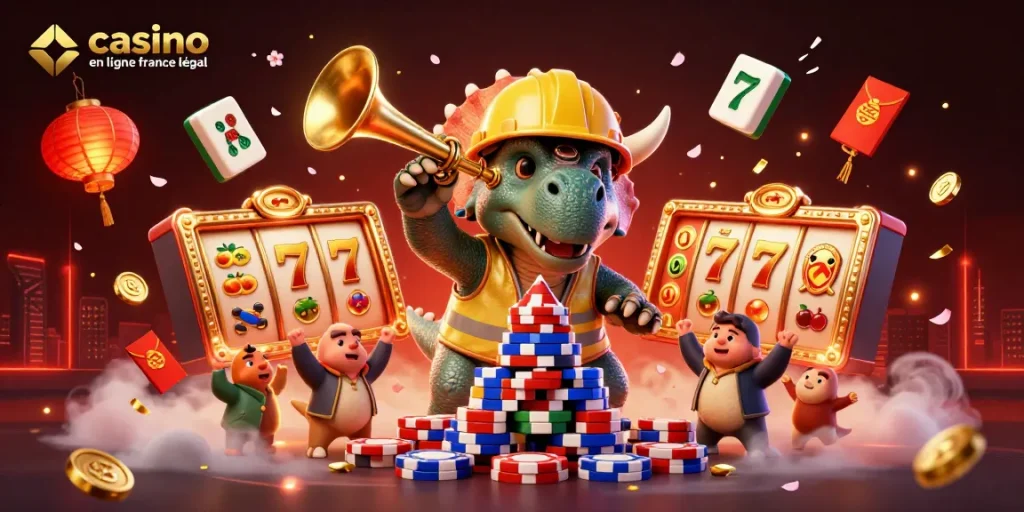 Le casino en ligne France légal propose des jeux dynamiques comme cette illustration de triceratops et de symboles chanceux.