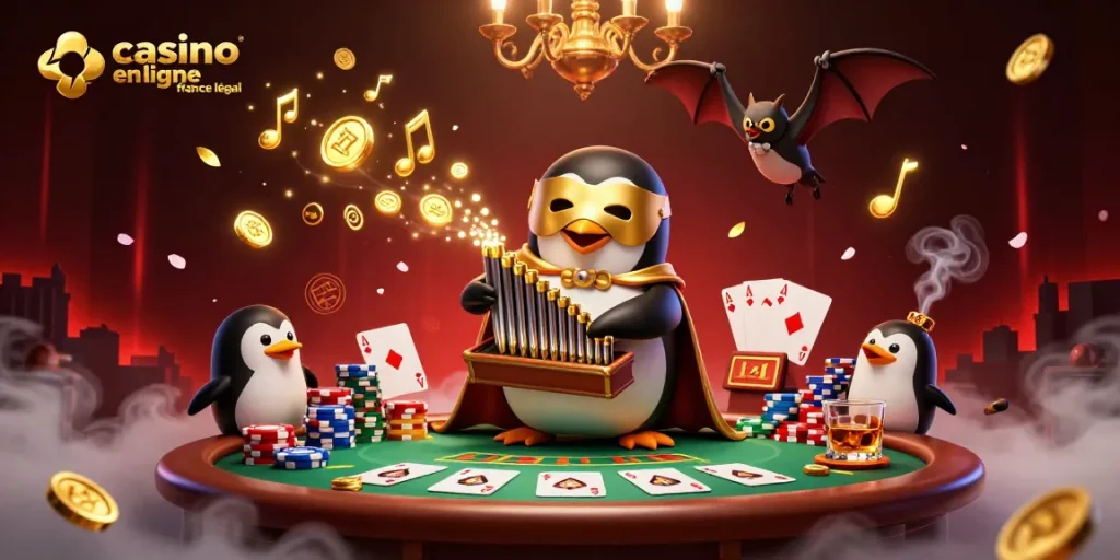Profitez du jeu avec casino en ligne France légal, un esprit ludique incarné par un pingouin d'opéra et des éléments de poker.
