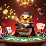 Profitez du jeu avec casino en ligne France légal, un esprit ludique incarné par un pingouin d'opéra et des éléments de poker.