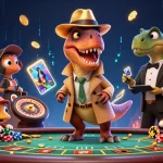 Illustration dynamique d'un velociraptor au casino en ligne France légal, avec découverte de jetons et de couleurs vives.