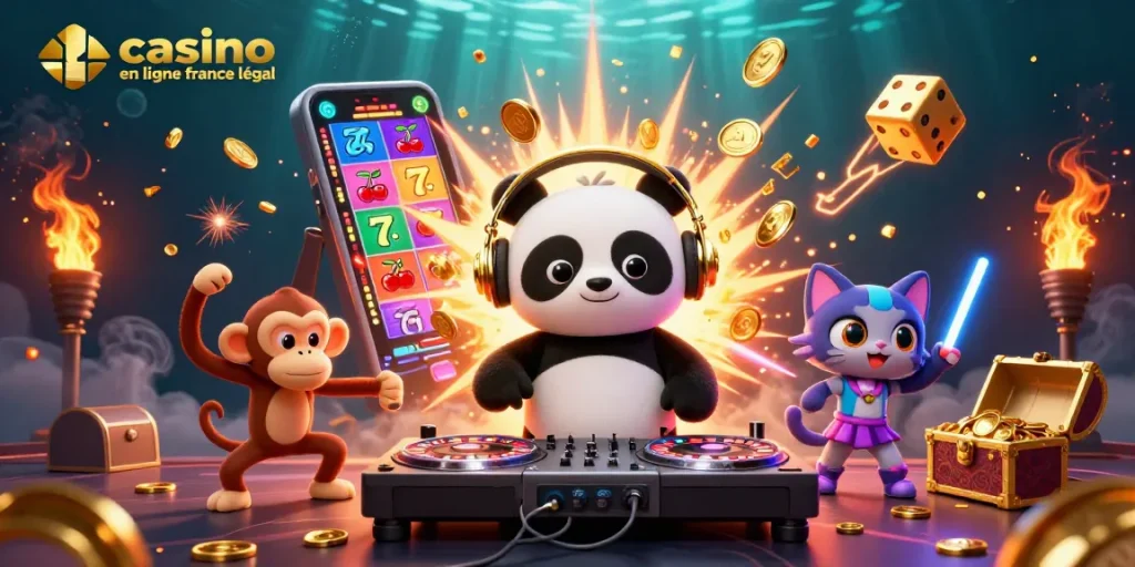 Illustration vibrante représentant l'univers d'un casino en ligne France légal, avec un panda DJ et des éléments de jeux.