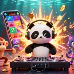 Illustration vibrante représentant l'univers d'un casino en ligne France légal, avec un panda DJ et des éléments de jeux.
