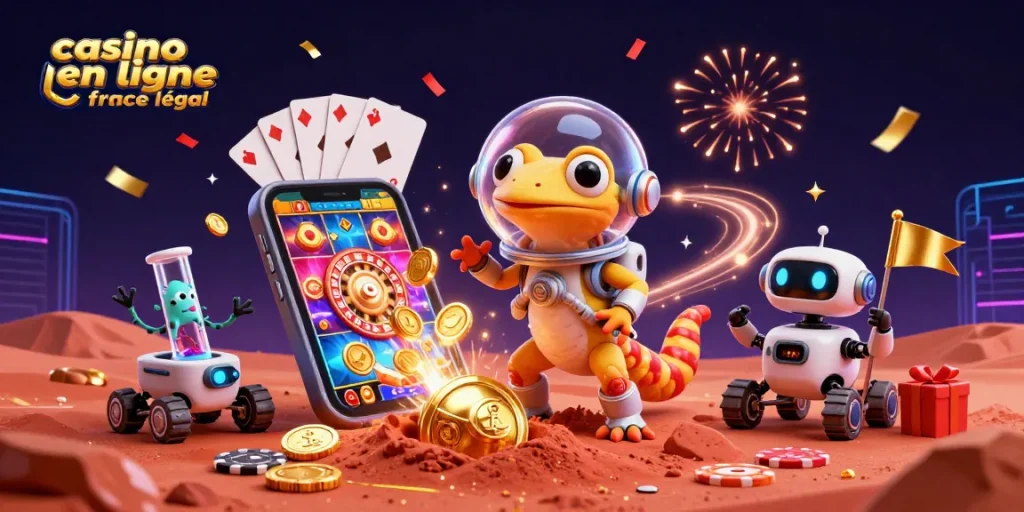 Casino en ligne France légal : le gecko martien découvre un casino doré sur Mars.