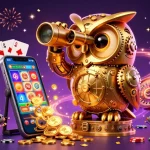 Illustration captivante de casino en ligne France légal, avec un hibou mécanisé surveillant des joueurs animés.