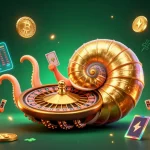 Célébrez les gains dans un casino en ligne France légal avec un nautilus doré, des pièces de crypto et des cartes de jeu.