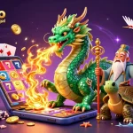 Illustration captivante de casino en ligne légal en France avec un dragon émeraude, une tortue sage et des grues porte-bonheur.