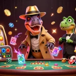 Visualisation des nouveaux casinos en ligne avec un vélociraptor au blackjack, ambiance dynamique.
