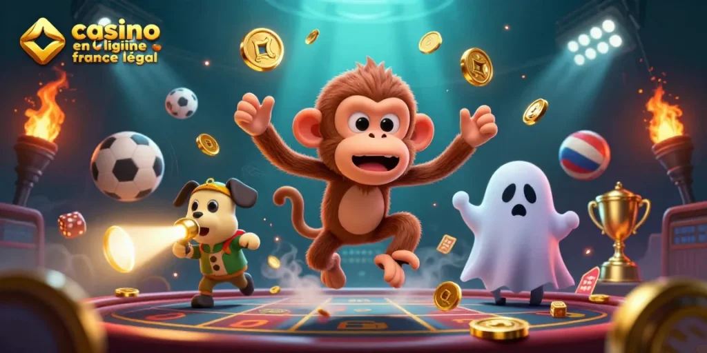 Illustration dynamique sur le thème du casino en ligne France légal, mettant en scène un singe poltergeist et un chiot chasseur de fantômes.