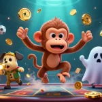 Illustration dynamique sur le thème du casino en ligne France légal, mettant en scène un singe poltergeist et un chiot chasseur de fantômes.