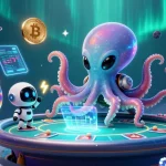 Visuel dynamique mettant en scène un octopus extraterrestre et une table de poker avec des éléments de casino en ligne légal en France.