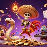 Animation vivante de casino en ligne France légal avec un rooster mariachi dansant sur des pièces d'or.