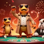 Illustration de raptors déguisés en entrant au casino légal en ligne en France, ambiance festive.