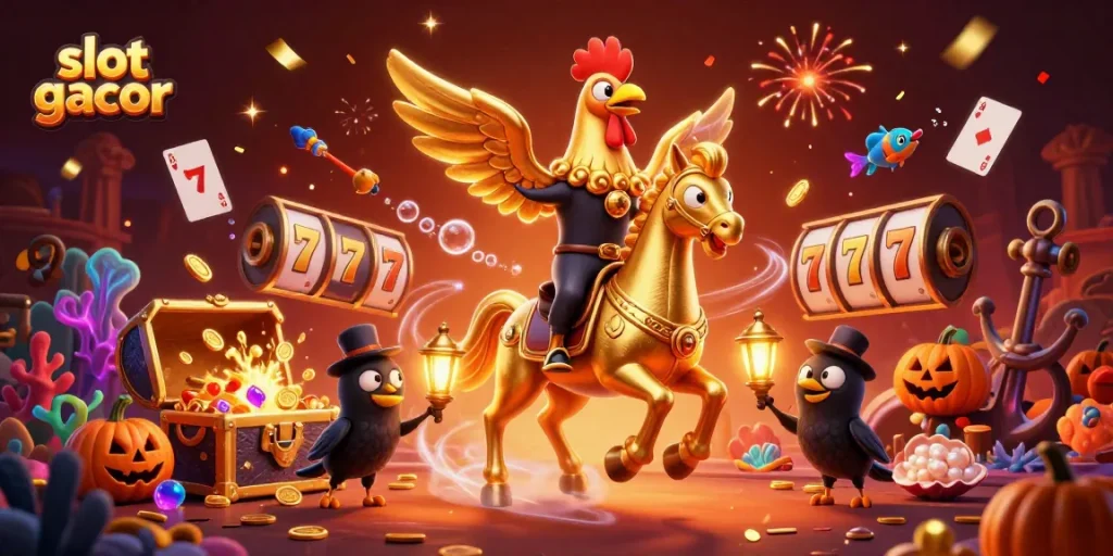 Engage in thrilling action with slot gacor as golden rooster rides a spectral horse in a vibrant casino