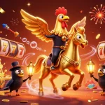Engage in thrilling action with slot gacor as golden rooster rides a spectral horse in a vibrant casino
