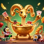 Illustration représentant le "casino en ligne légal en France" avec un bol de ramen géant jouant aux cartes et des personnages amusants.