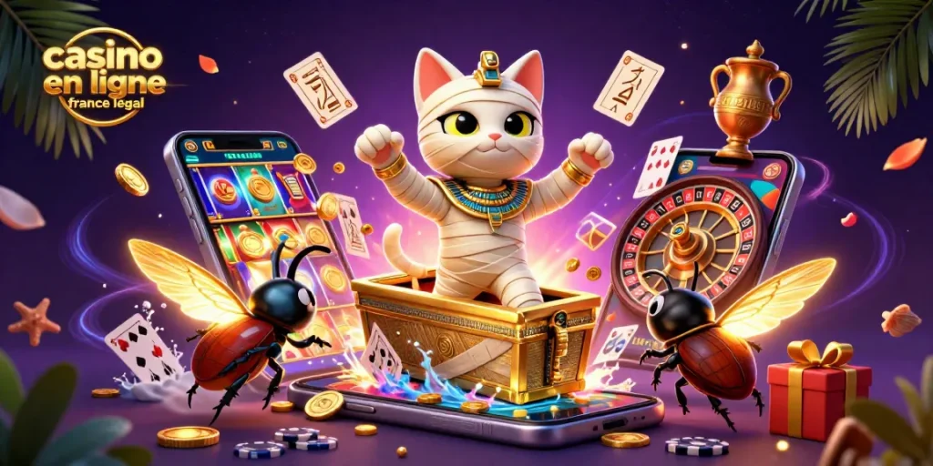 Illustration dynamique d'un casino en ligne France légal, symbolisant la chance et les gains.