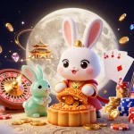 Illustration dynamique du casino argent réel en ligne avec un lapin lunaire, jetons de poker et jeux scintillants.